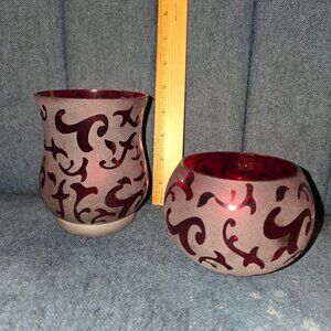 Frosted Red Glass Votive Candleholder Pair